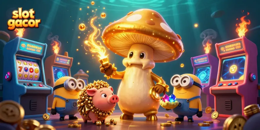 Experience slot gacor excitement with magical elements, colorful arcade machines, and immersive characters.