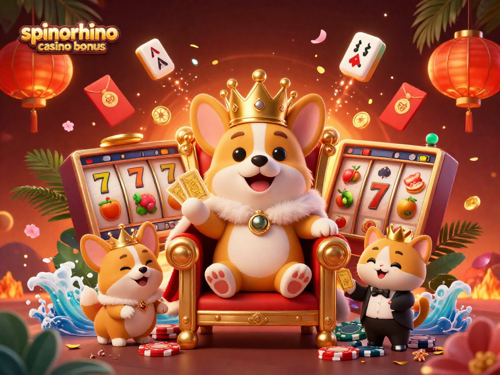 Ervaar de spannende SpinoRhino casino bonus met een koninklijke corgi en luxe elementen.