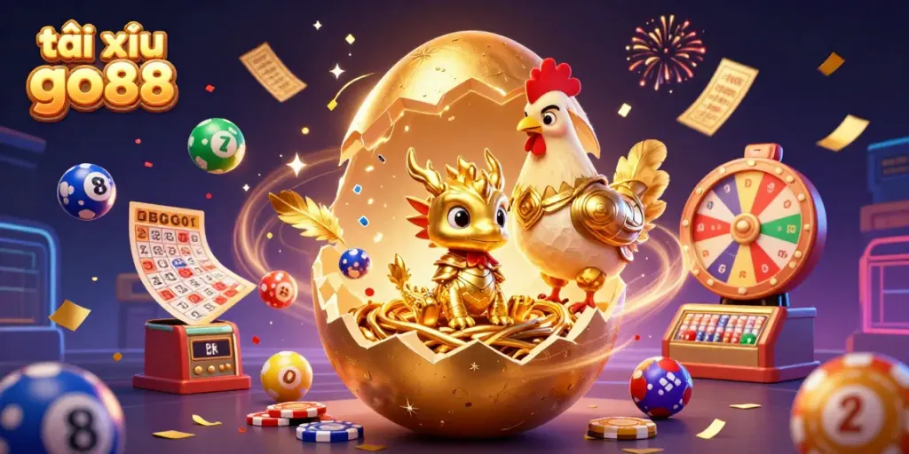 Play exciting tài xỉu go88 with a dynamic scene of a golden dragon amidst colorful casino elements.