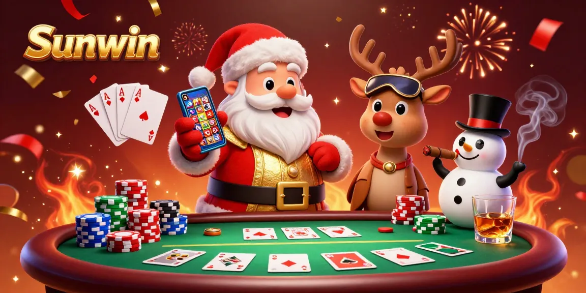 Experience thrilling jackpots at Sunwin with a festive scene featuring Santa and friends at a poker table.