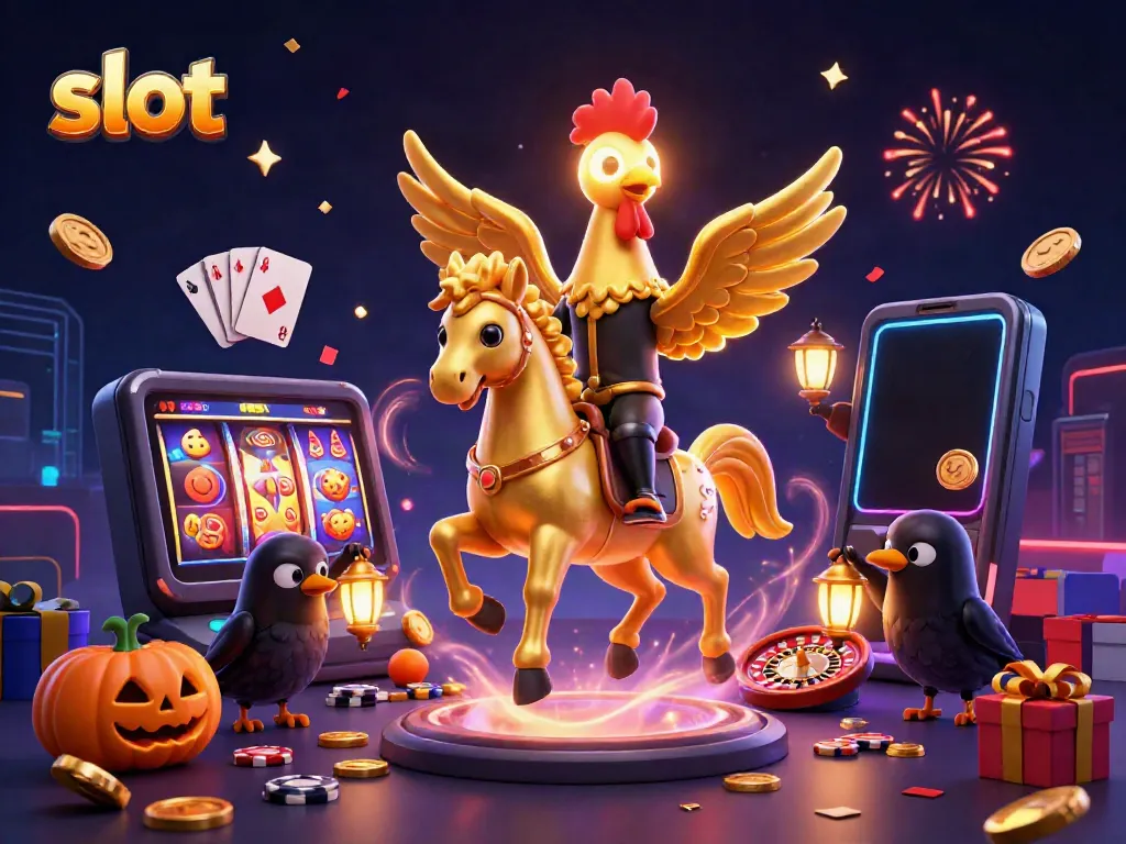 Experience thrilling slot action with a golden rooster in a vibrant casino scene.