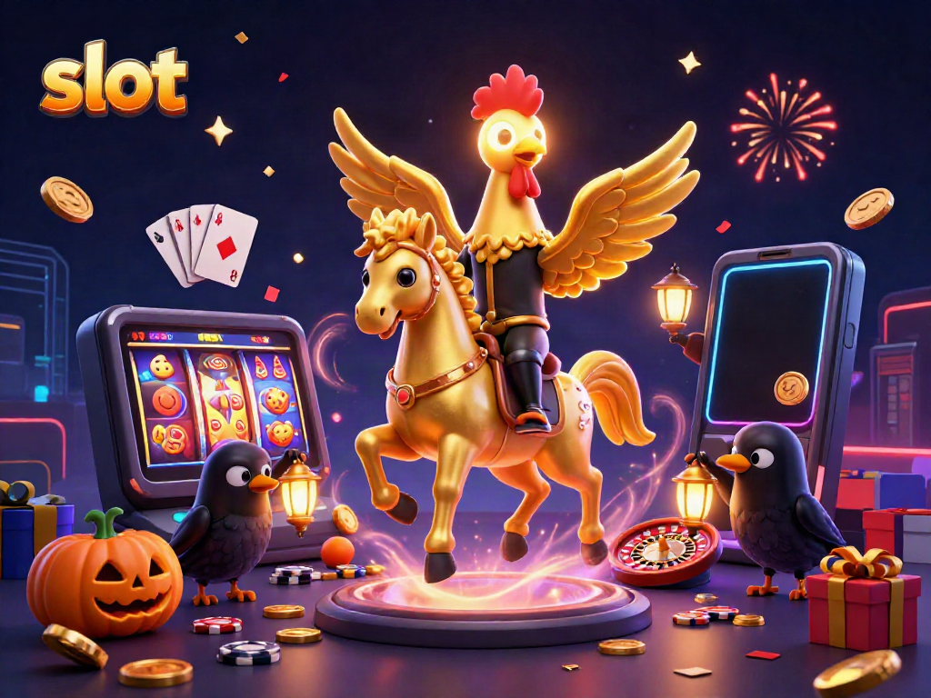 Experience thrilling slot action with a golden rooster in a vibrant casino scene.