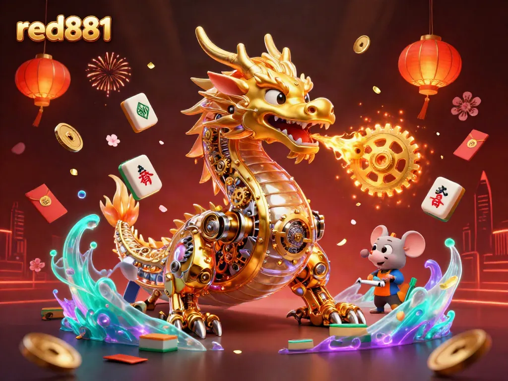 Experience the thrilling atmosphere at red881 with a gold dragon breathing gears amid casino elements.