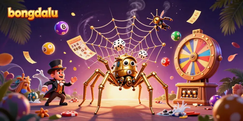 Bongdalu showcases a whimsical scene with a golden spider and a fly gentleman amidst colorful lottery elements, encapsulating online gaming excitement.