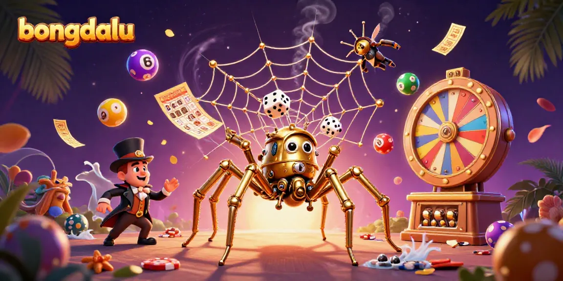 Bongdalu showcases a whimsical scene with a golden spider and a fly gentleman amidst colorful lottery elements, encapsulating online gaming excitement.