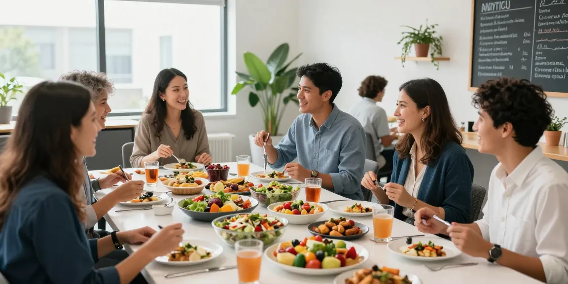 Een levendige catering voor bedrijven met medewerkers die genieten van een mediterraan buffet in een moderne kantooromgeving.