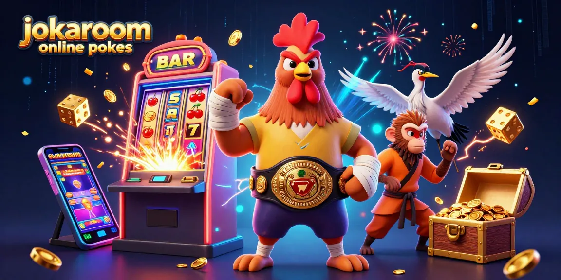 Engage in thrilling jokaroom online pokies gameplay with a dynamic 3D illustration of energetic characters and vibrant casino elements.