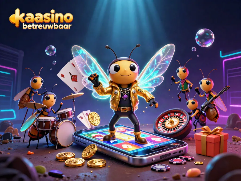 Kaasino betrouwbaar review showcasing a vibrant 3D illustration of a cicada rock star and beetle drummer amidst casino elements.