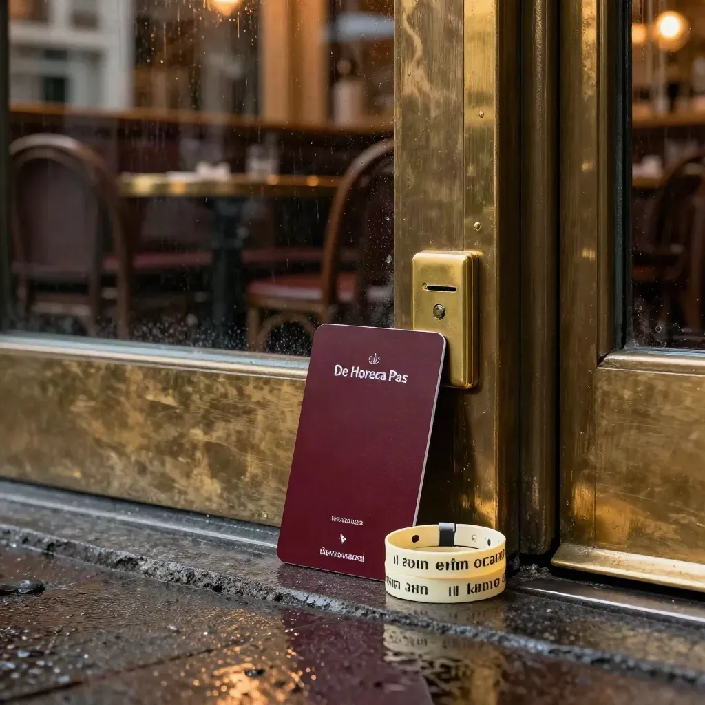 Premium ledenpas met NFC-lezer bij een nat brasserieportaal na regen.