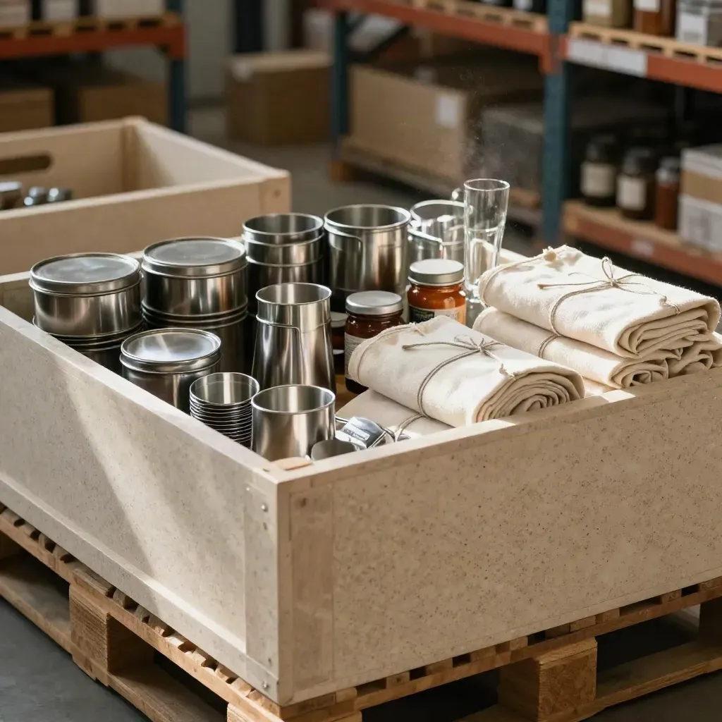 Open crates met leveranciersdeals vol espresso, glaswerk, linnen en condimenten in een stil magazijn.