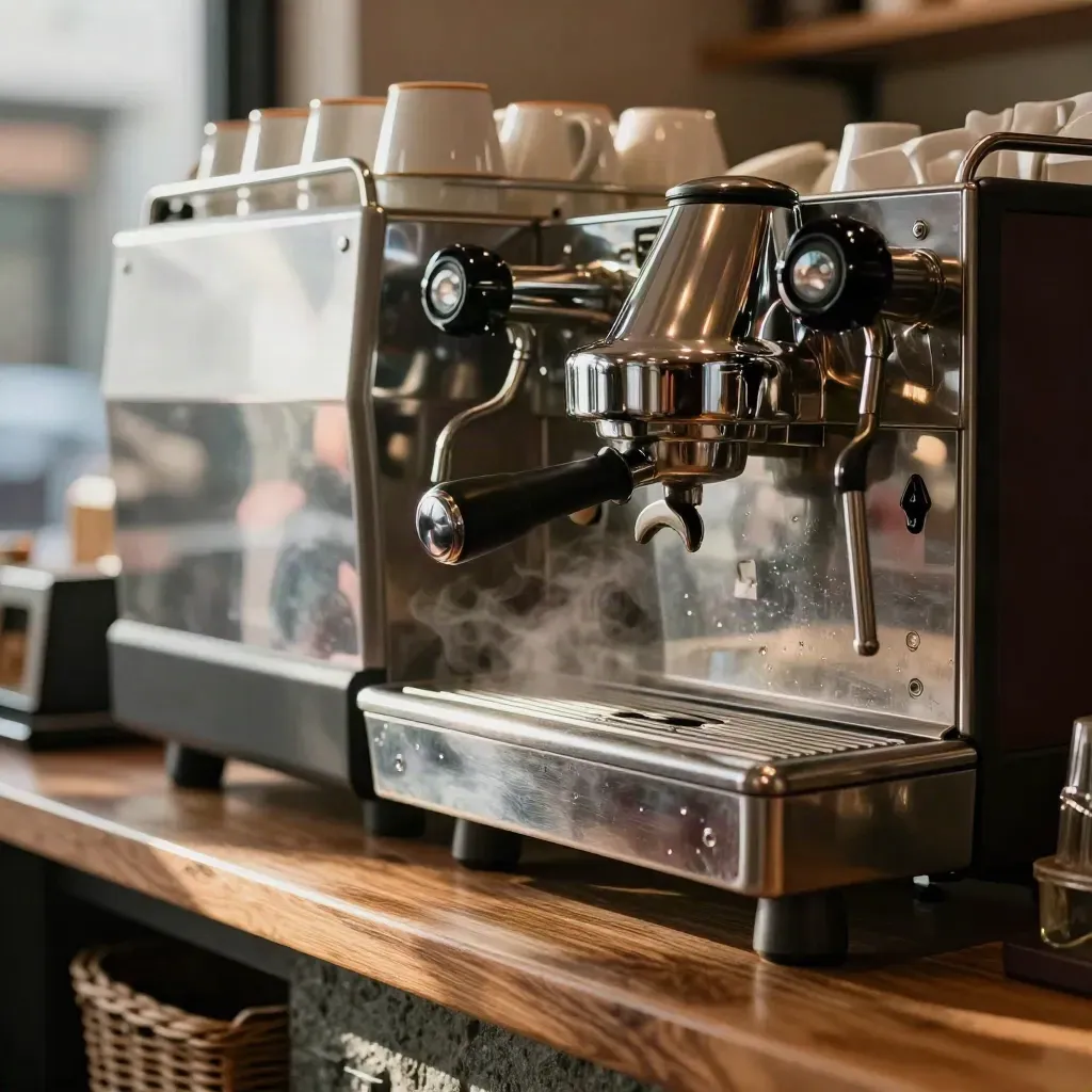 Close-up van een espressohoek met machine, kopjes en voorraadkratten in warme cafésfeer.