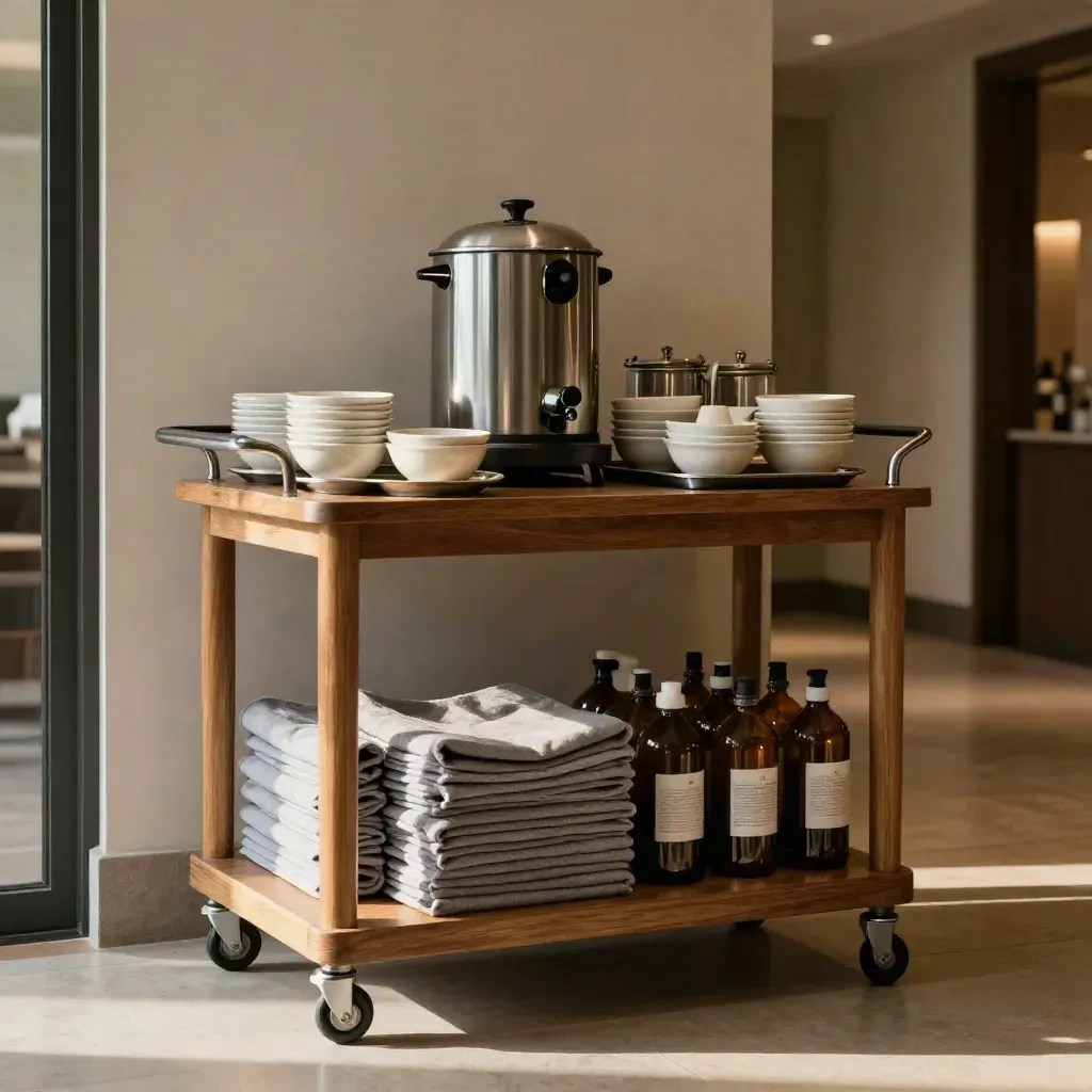Hotel servicekar met ontbijt- en schoonmaaksupplies in warm corridorlicht.