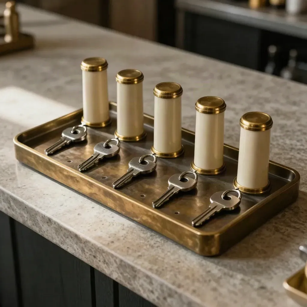 Bovenaanzicht van vijf passleeves en een organizertray op stenen balie in warm licht.