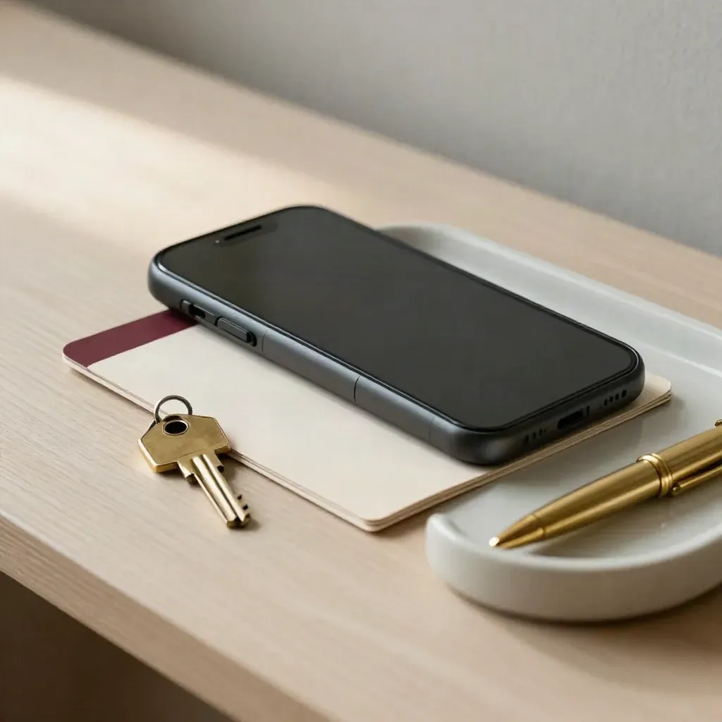 Plat opgebouwde signup-set met telefoon, kaarthoes, sleutel en pen op licht hout.