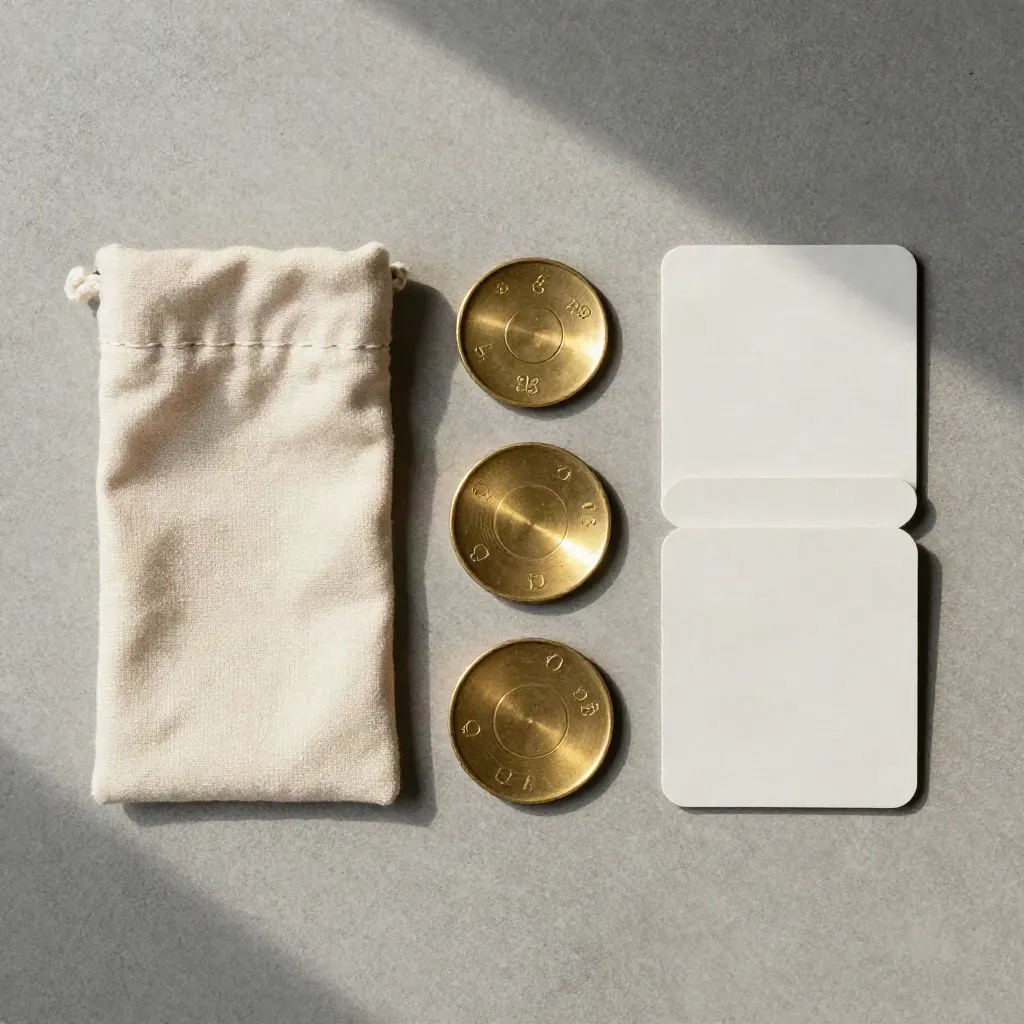 Bovenaanzicht van drie messing tokens, een crèmekleurige pouch en twee card sleeves op beton.