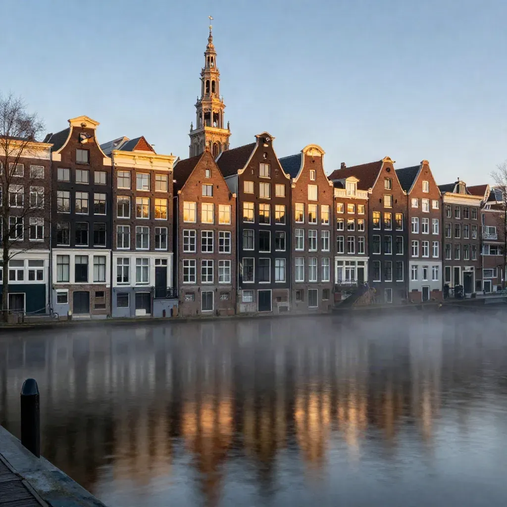 Amsterdamse grachtenpanden en een kerkspits boven stil water in avondmist