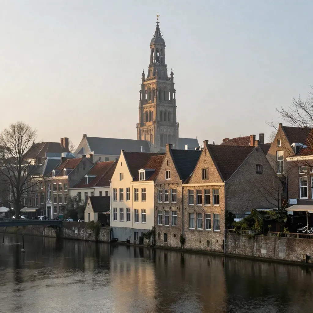 De Domtoren boven stille grachten in ochtendmist, met leeg water voor copy.