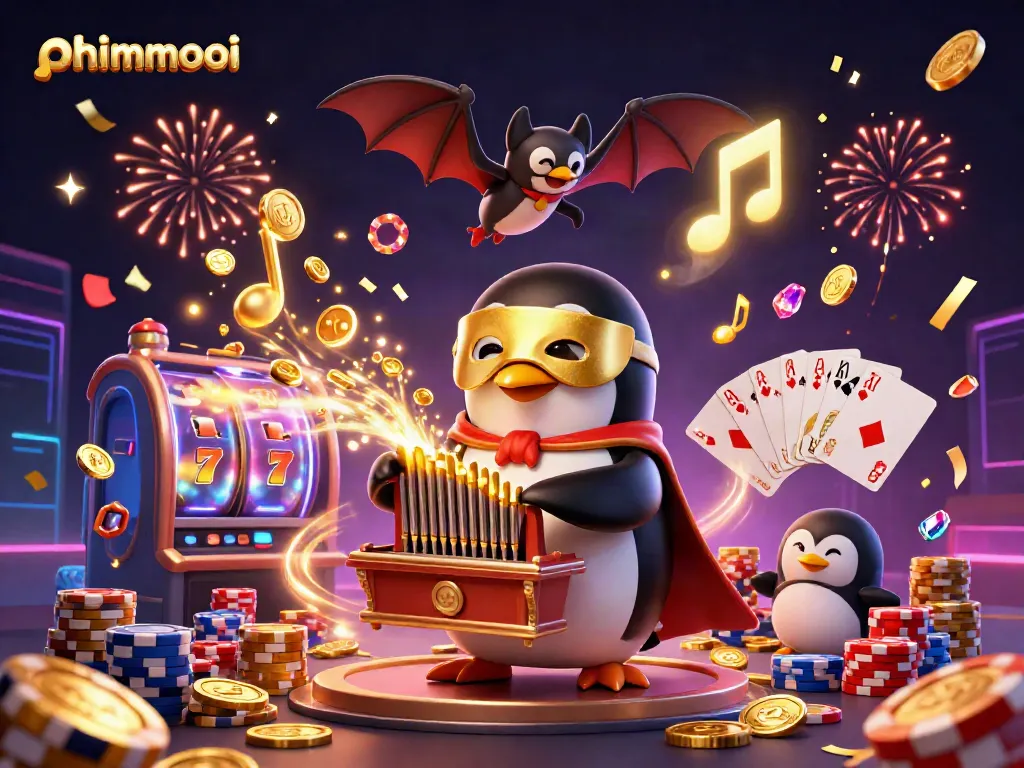 Experience phimmoi with a vibrant 3D illustration showcasing a winning penguin, golden coins, and exciting slot action.