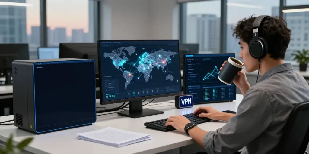 快连 network technology setup with a user analyzing global connectivity.