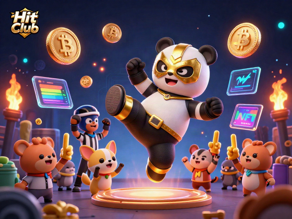 Hit Club illustrates an energetic panda wrestler dominating the scene amidst vibrant casino elements.
