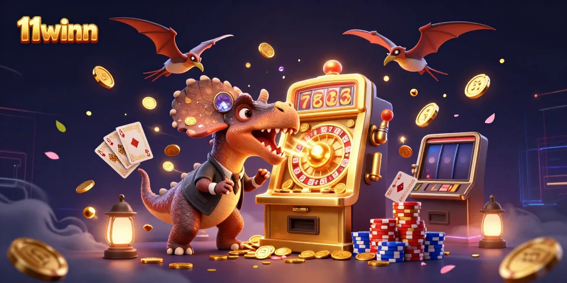 Experience the thrill of 11winn as a pachycephalosaurus activates the jackpot slot machine with flying coins.