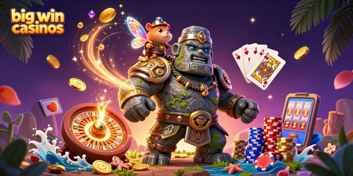 Experience the magic of big win casinos with a vibrant casino scene featuring a golem and knight.