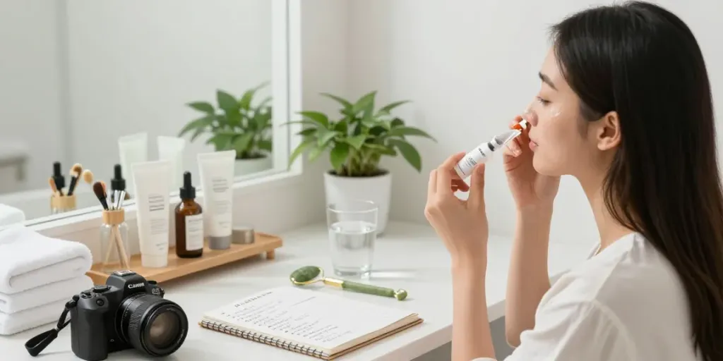 Dr Melaxin Peel Shot aanbrengen voor stralende huid in lichte badkamer.