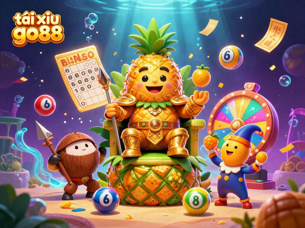 Engage in tài xỉu go88 in a vibrant casino scene featuring a golden pineapple king, lively elements, and dynamic action.