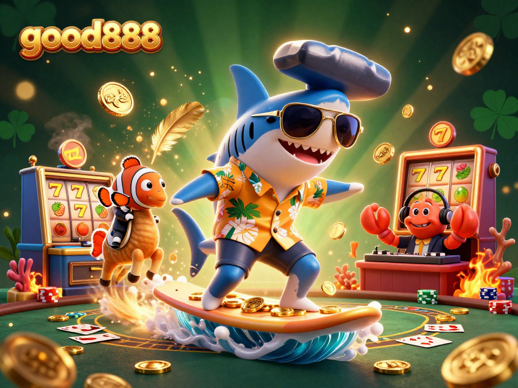 Experience winnings with good888 in a vibrant casino scene featuring a surfing shark and a DJ crab.