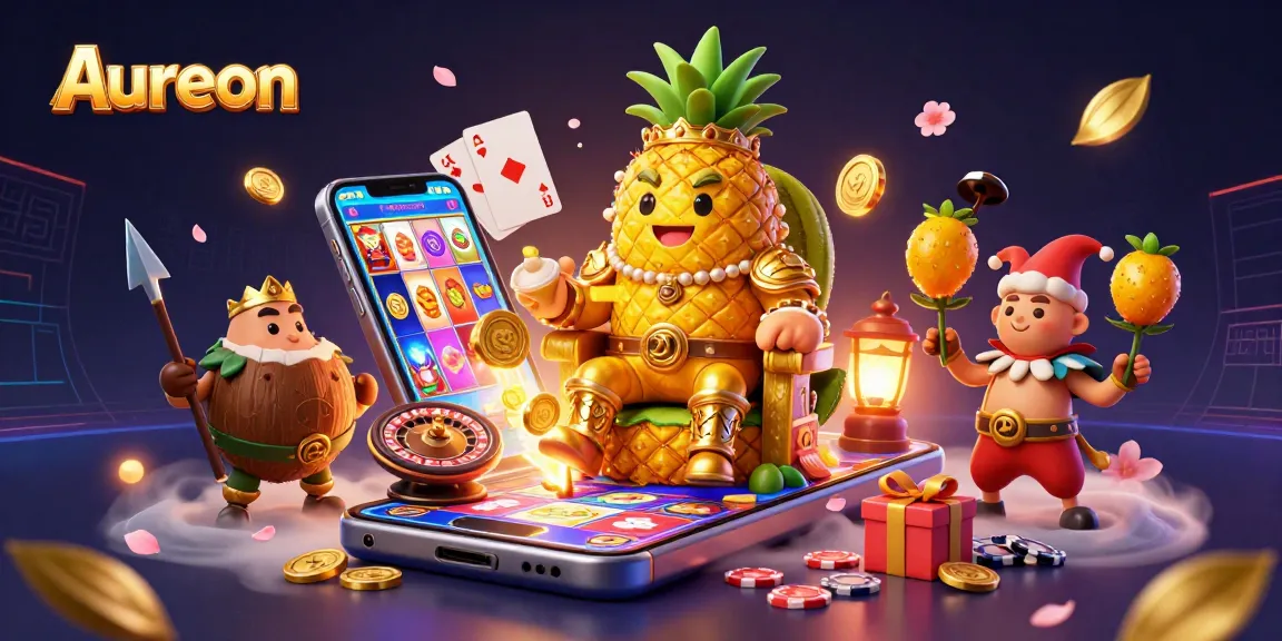Aureon casino illustration featuring a golden pineapple king with gaming elements and a beach backdrop.