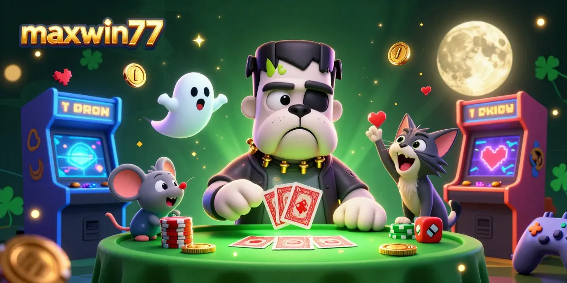 Maxwin77 features a vibrant 3D casino scene with animated characters engaging in card games.